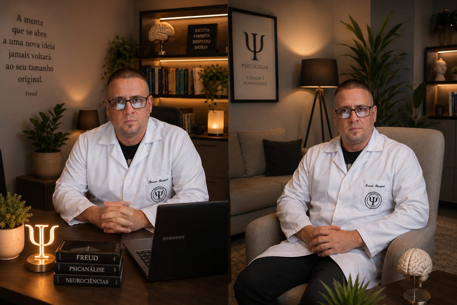 Profissional Bruno Rangel em jaleco com o logo Ψ da clínica no consultório com livros de Freud, Psicanálise e Neurociências